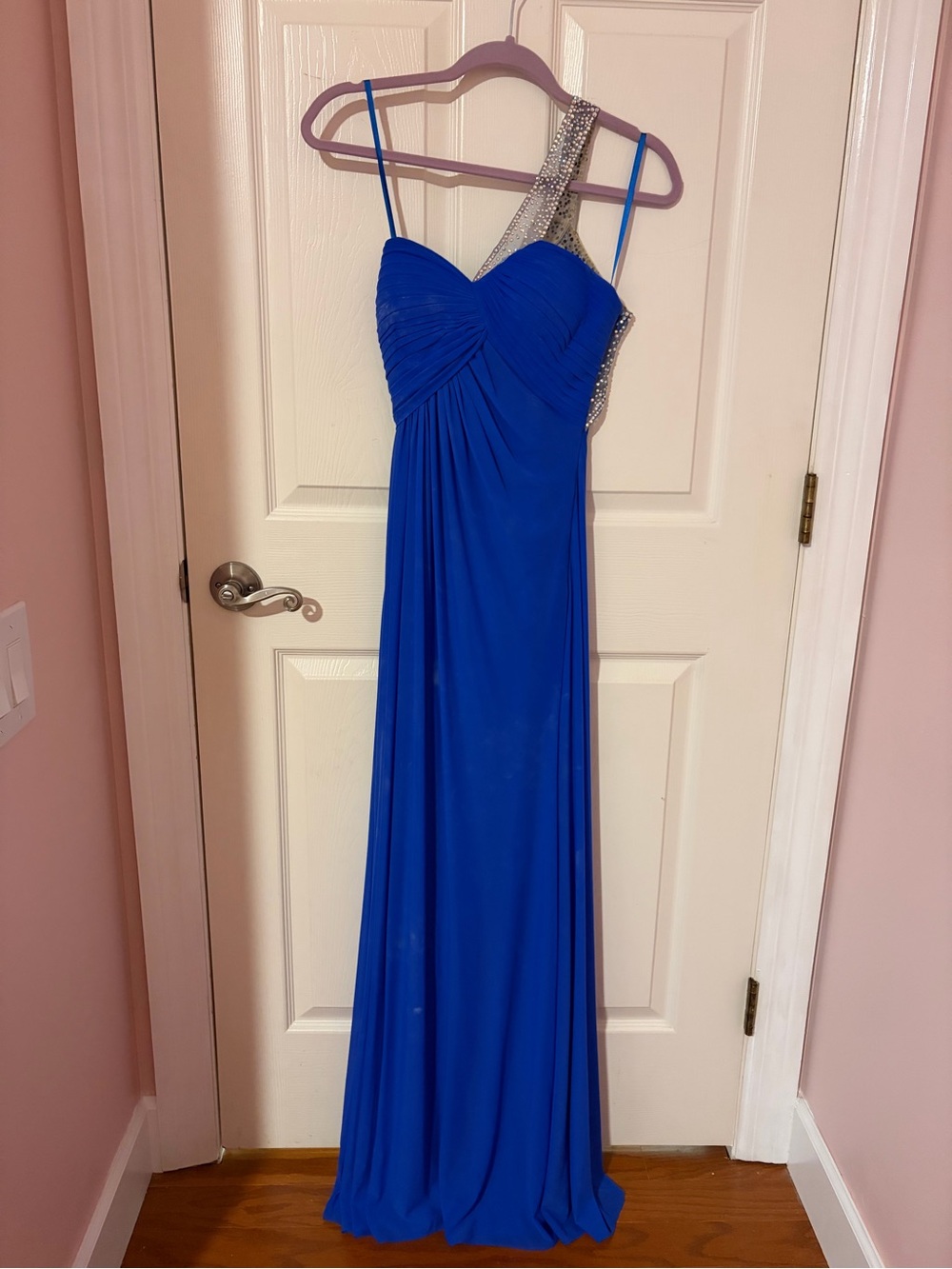 La Femme Royal Blue One-Shoulder Evening Gown with Beaded Strap